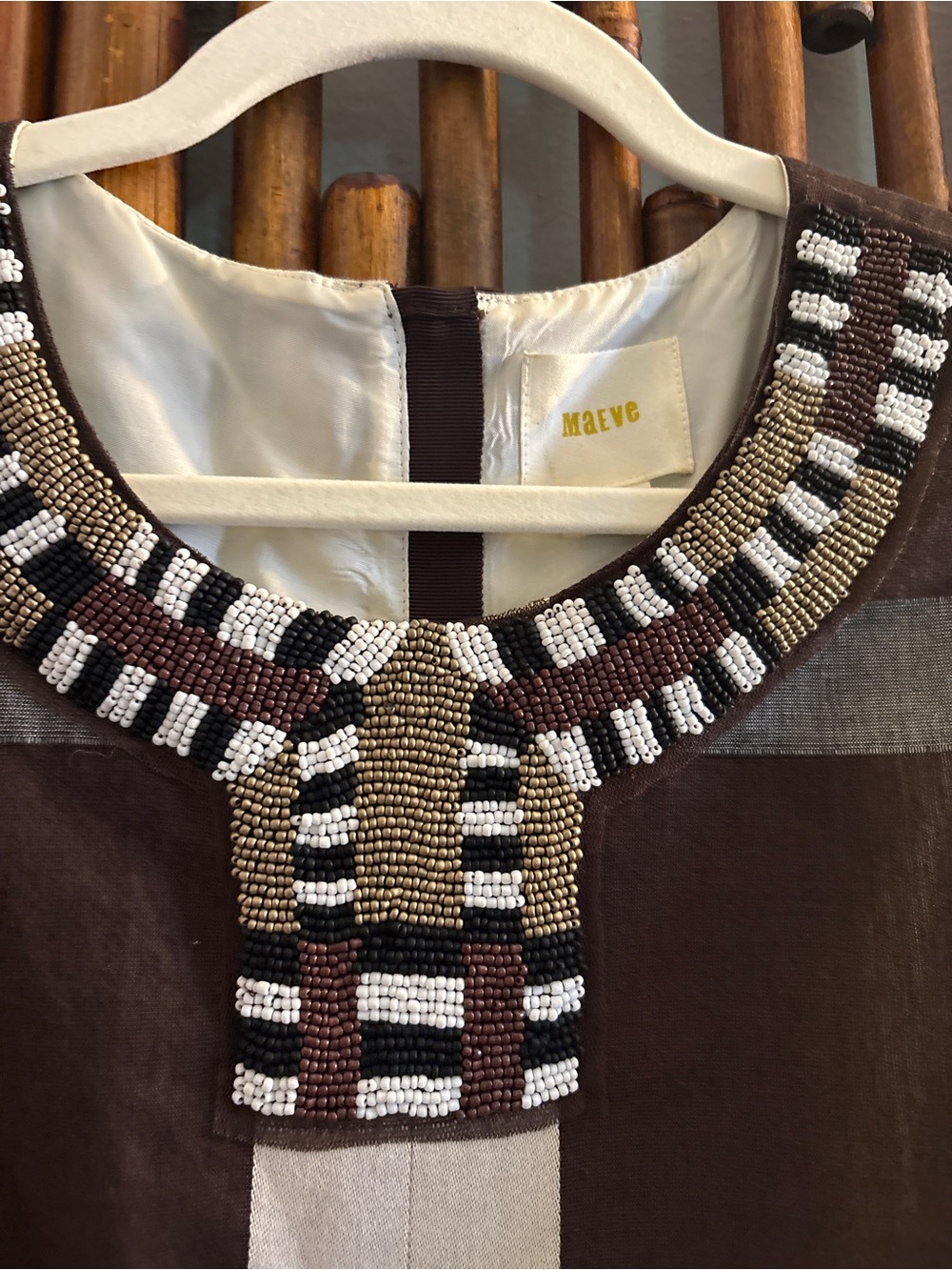 SZ 12 MAEVE ANTHROPOLOGY BEADED COTTON BROWN GINGHAM CHECKERED PLEATED DRESS - Picture 3 of 14